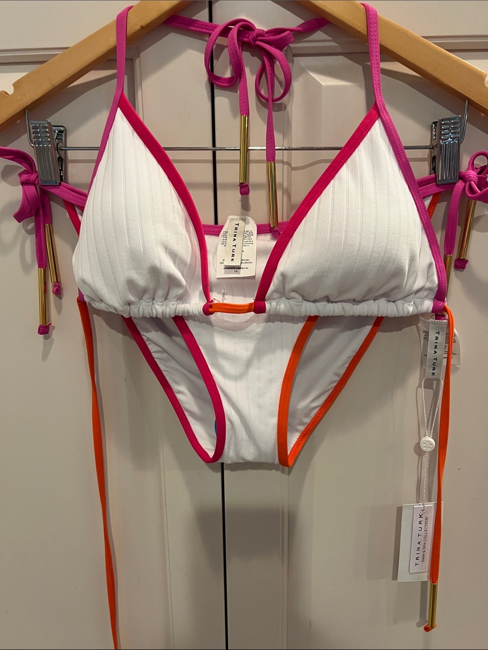 Trina Turk White Ribbed Bikini with Hot Pink & Bright Orange Trim